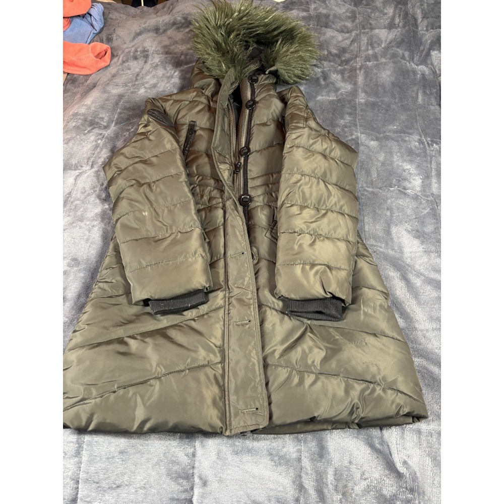Diesel Kids Puffer Coat Jacket Olive Green Faux Fur‎ Hood Size 12